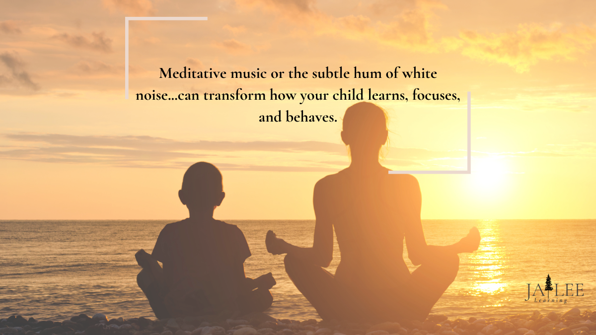 An adult and child meditating on a beach to represent the benefits of music for ADHD focus techniques