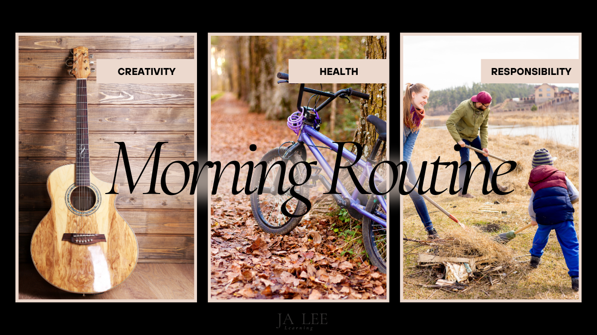 Starting the day of right with a morning routine feature photo. Photo includes picture of a guitar, bike, and some young people working.